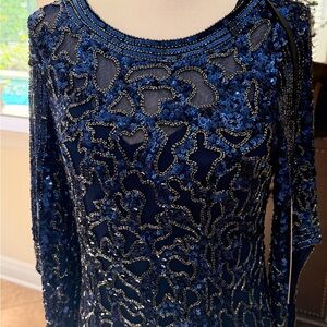 Navy Blue Beaded Sequin Long Sleeve Dress